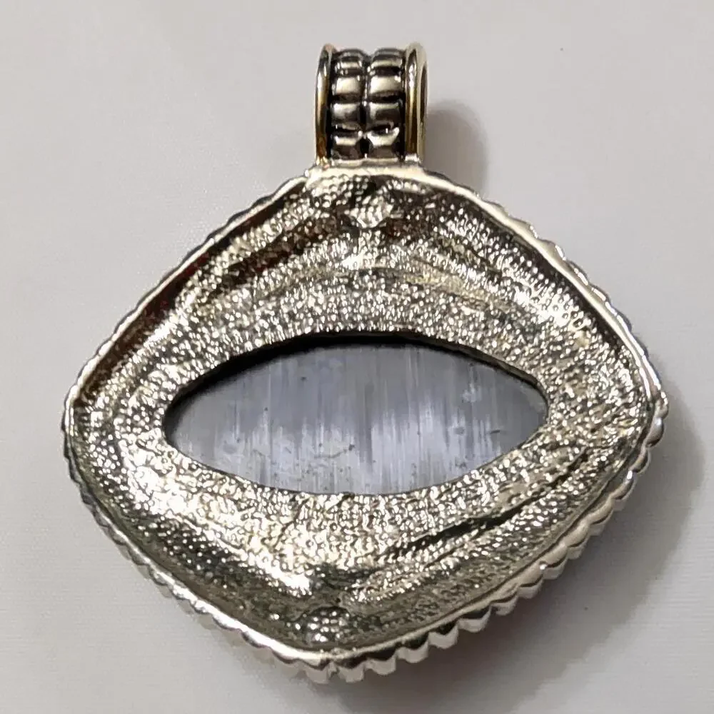 Silver Gold Tone Grey FAUX Cateye‎ Cat Eye Cabochon Pendant Large Vintage Oval